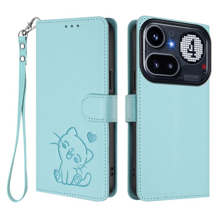 For Nothing Phone 4a Pro Embossed Heart Cat Leather Phone Case with Hand Strap