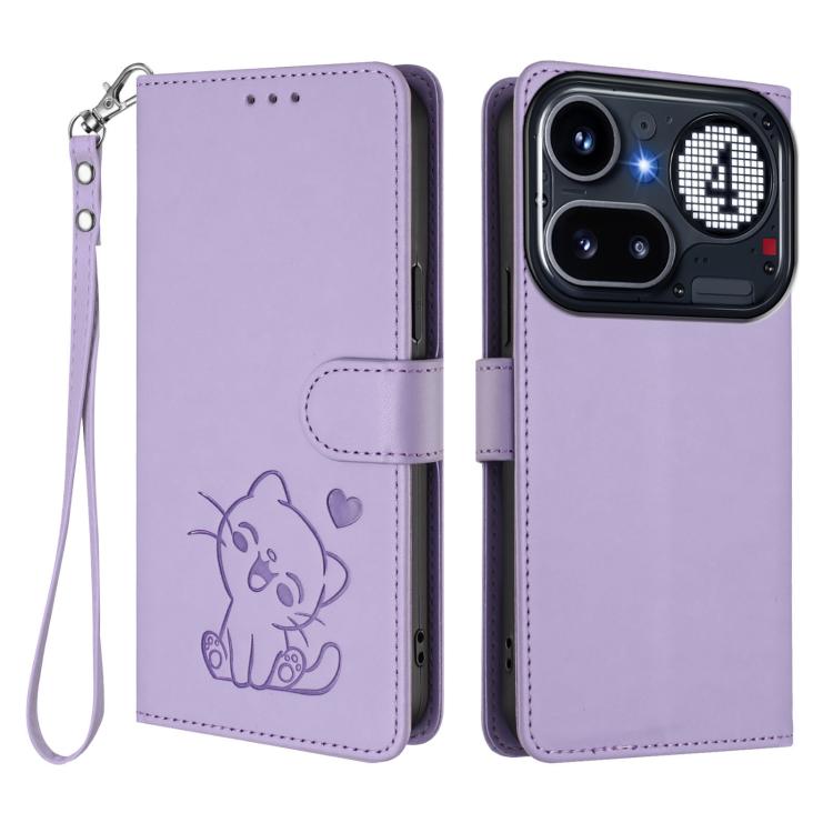 For Nothing Phone 4a Pro Embossed Heart Cat Leather Phone Case with Hand Strap