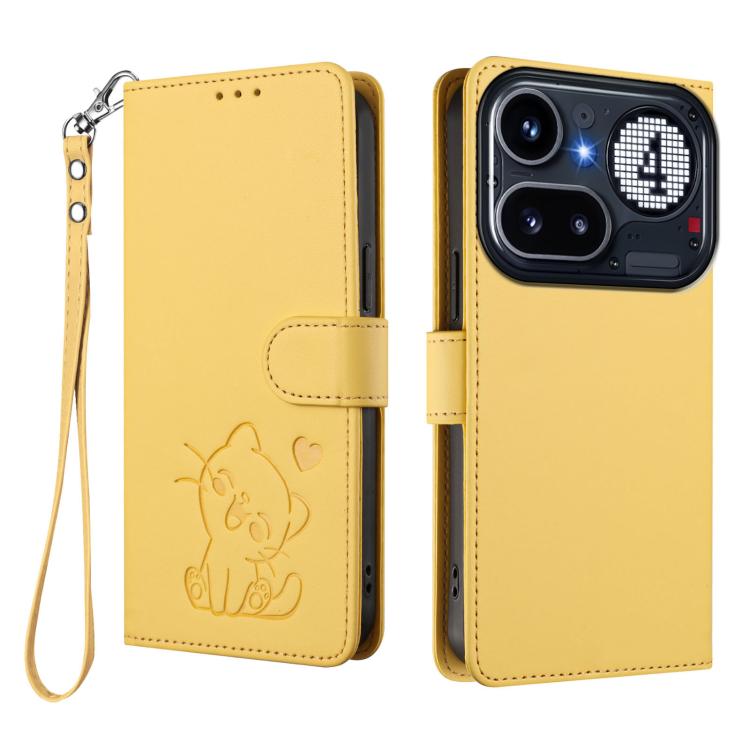 For Nothing Phone 4a Pro Embossed Heart Cat Leather Phone Case with Hand Strap