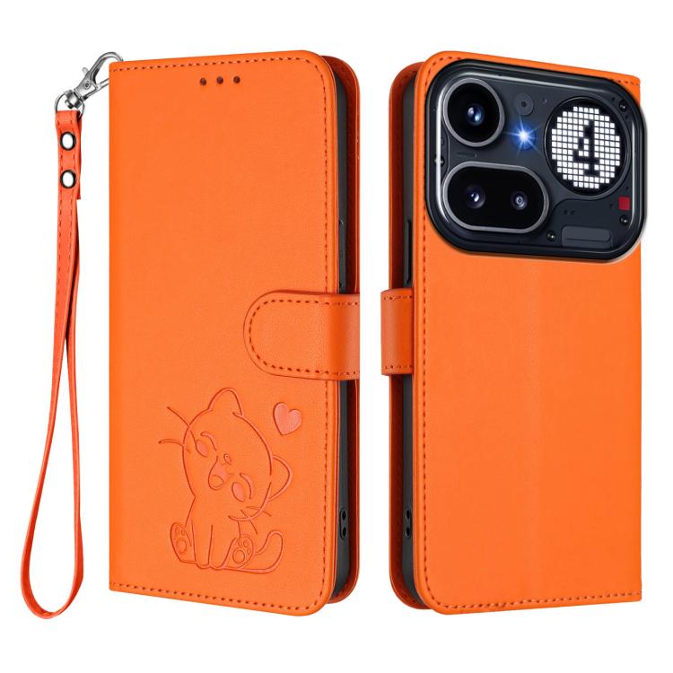 For Nothing Phone 4a Pro Embossed Heart Cat Leather Phone Case with Hand Strap