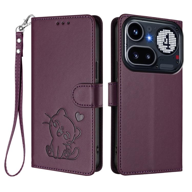For Nothing Phone 4a Pro Embossed Heart Cat Leather Phone Case with Hand Strap
