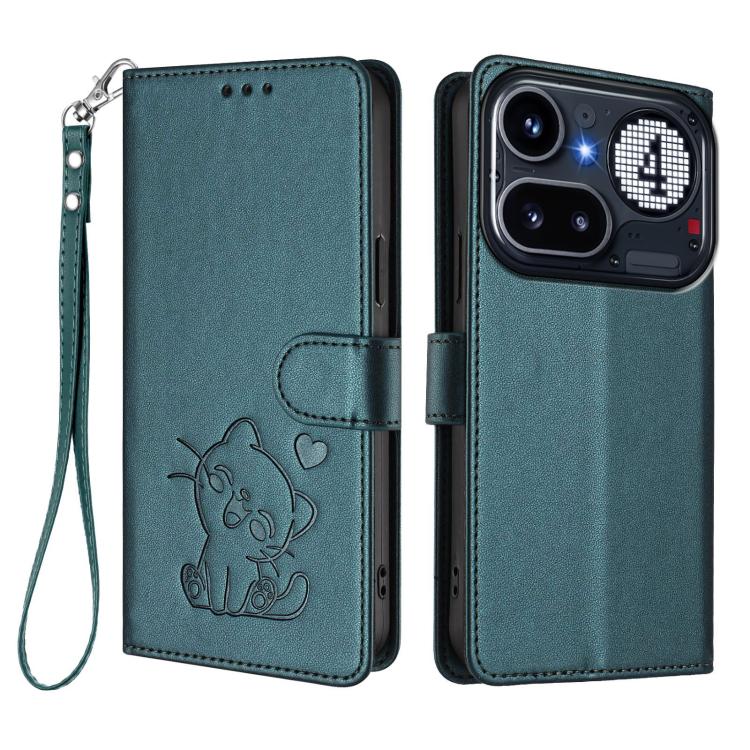 For Nothing Phone 4a Pro Embossed Heart Cat Leather Phone Case with Hand Strap