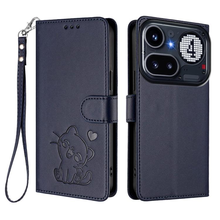 For Nothing Phone 4a Pro Embossed Heart Cat Leather Phone Case with Hand Strap
