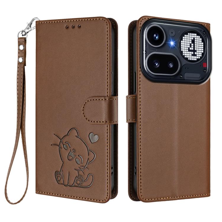 For Nothing Phone 4a Pro Embossed Heart Cat Leather Phone Case with Hand Strap