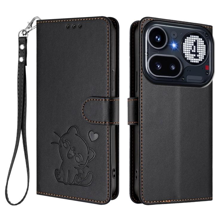 For Nothing Phone 4a Pro Embossed Heart Cat Leather Phone Case with Hand Strap