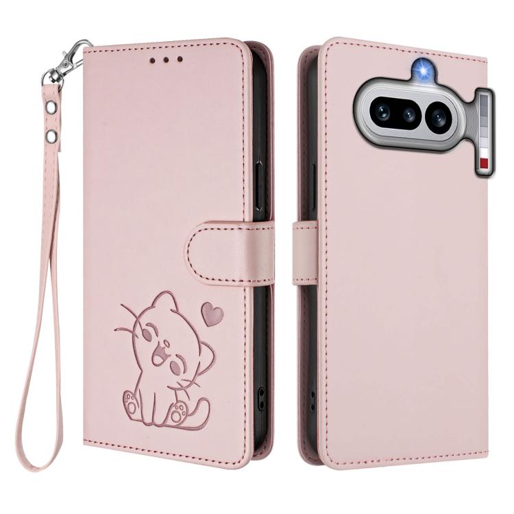 For Nothing Phone 4a Embossed Heart Cat Leather Phone Case with Hand Strap