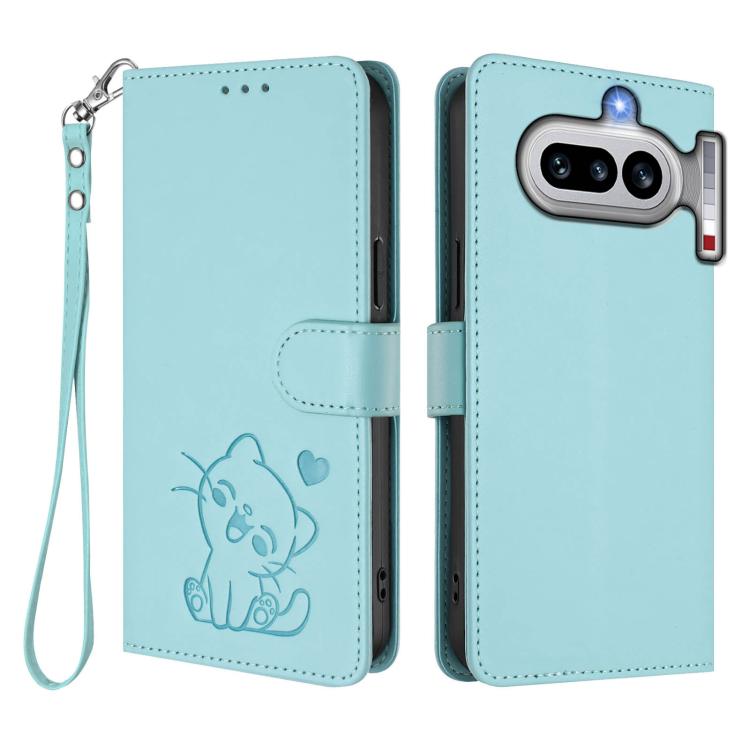 For Nothing Phone 4a Embossed Heart Cat Leather Phone Case with Hand Strap