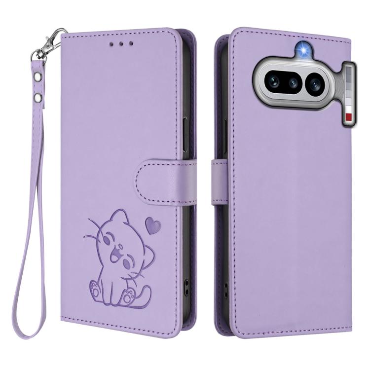 For Nothing Phone 4a Embossed Heart Cat Leather Phone Case with Hand Strap