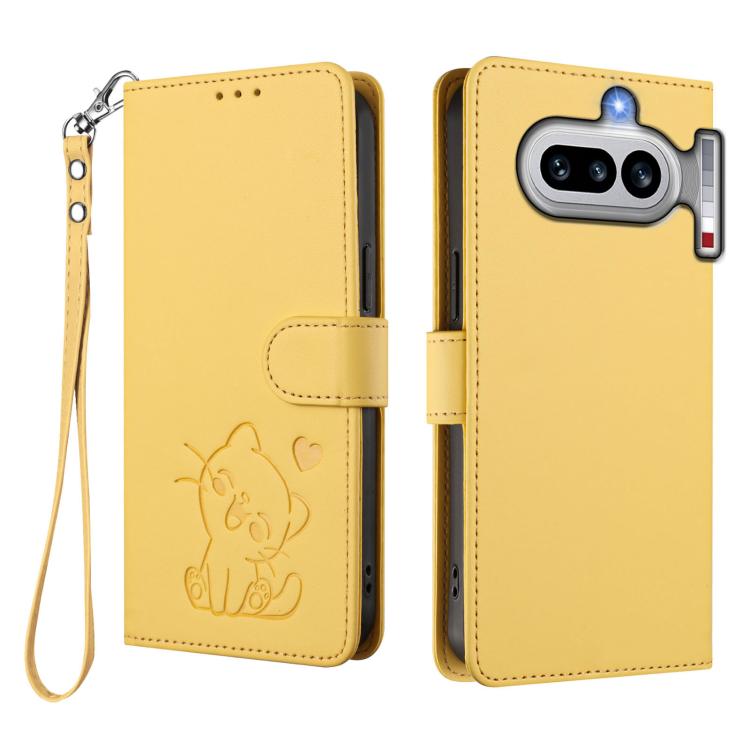 For Nothing Phone 4a Embossed Heart Cat Leather Phone Case with Hand Strap