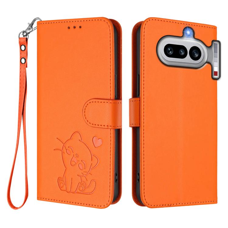 For Nothing Phone 4a Embossed Heart Cat Leather Phone Case with Hand Strap