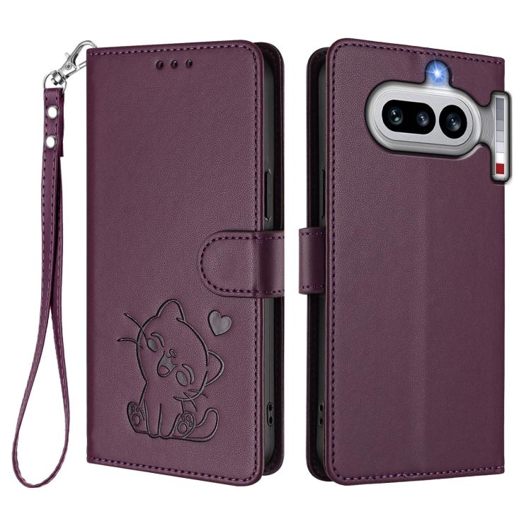 For Nothing Phone 4a Embossed Heart Cat Leather Phone Case with Hand Strap