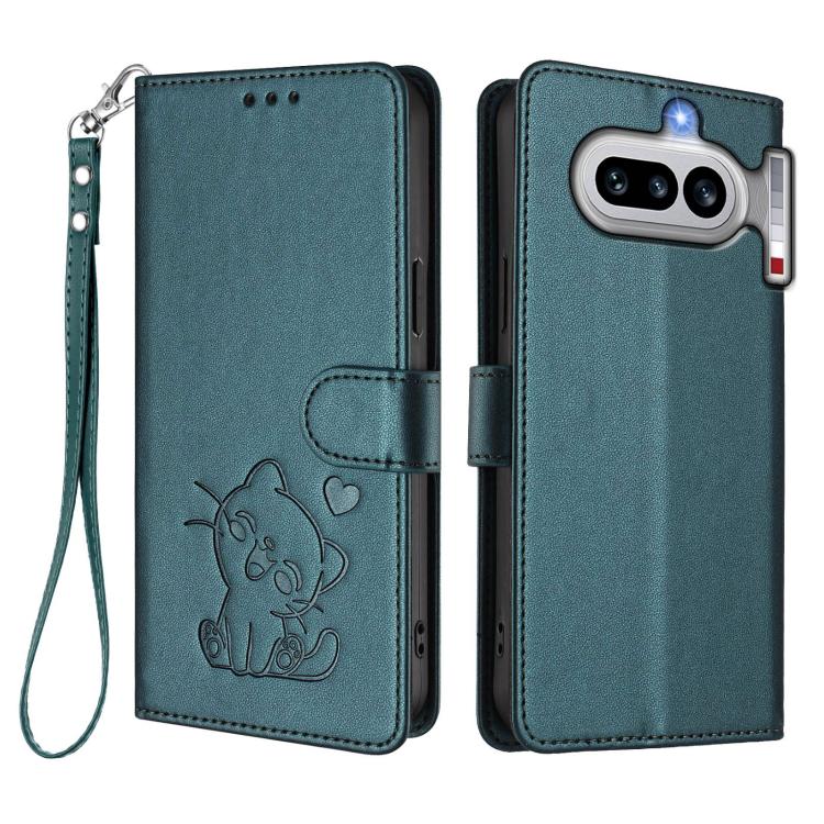 For Nothing Phone 4a Embossed Heart Cat Leather Phone Case with Hand Strap