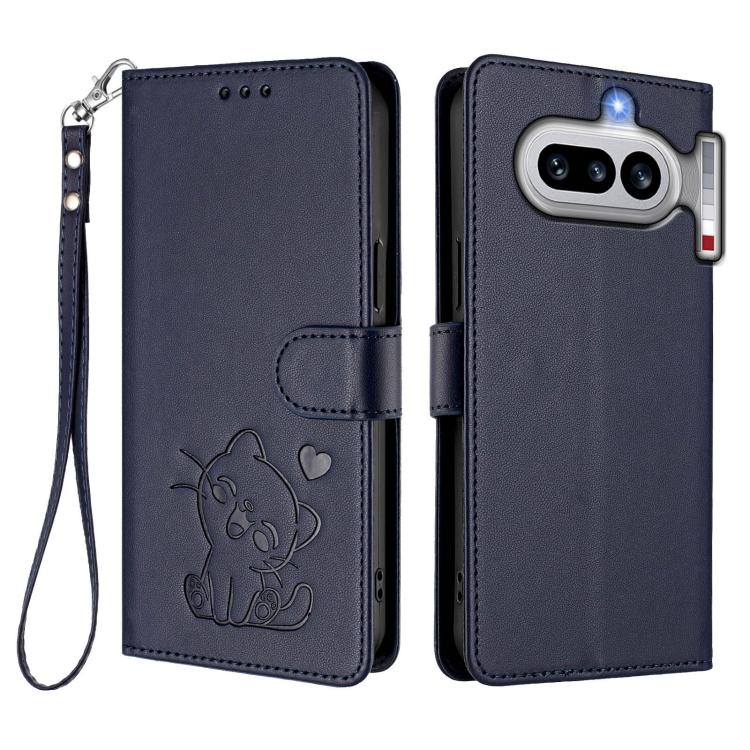 For Nothing Phone 4a Embossed Heart Cat Leather Phone Case with Hand Strap