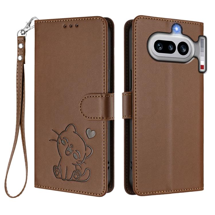 For Nothing Phone 4a Embossed Heart Cat Leather Phone Case with Hand Strap