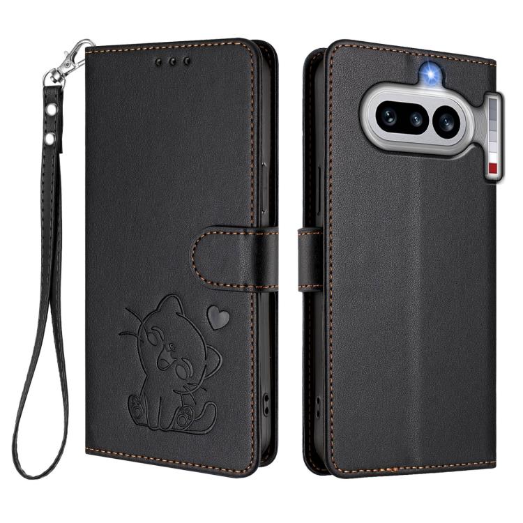 For Nothing Phone 4a Embossed Heart Cat Leather Phone Case with Hand Strap