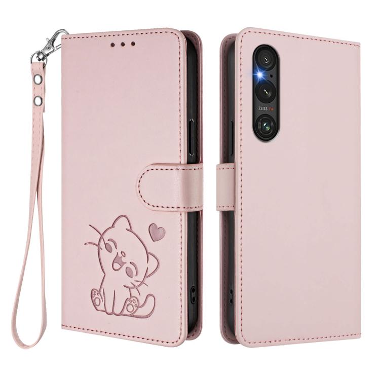 For Sony Xperia 1 V Embossed Heart Cat Leather Phone Case with Hand Strap