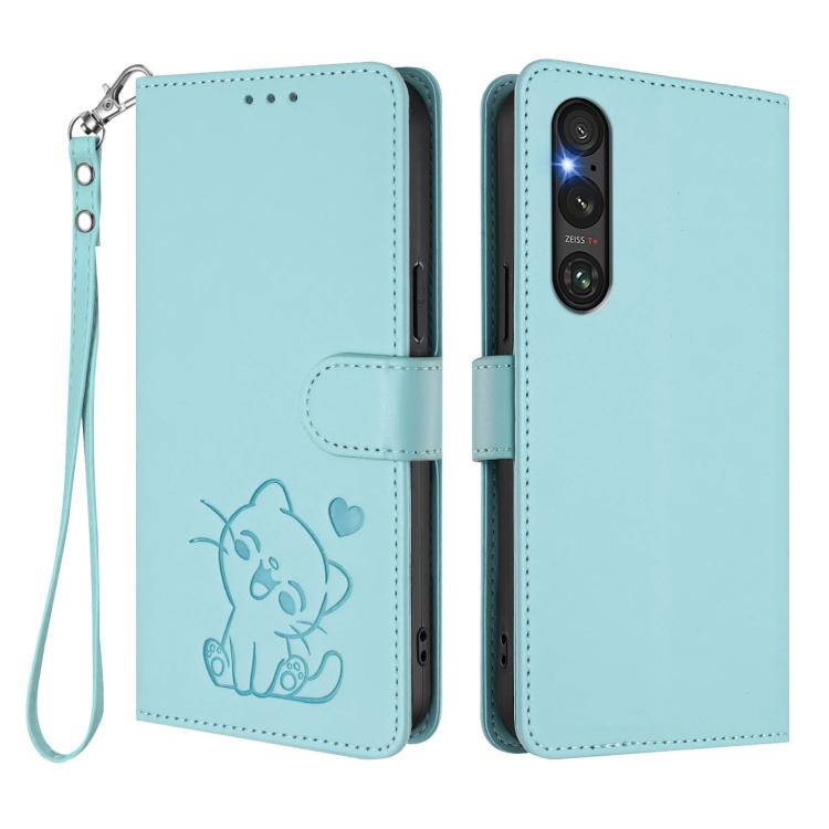 For Sony Xperia 1 V Embossed Heart Cat Leather Phone Case with Hand Strap