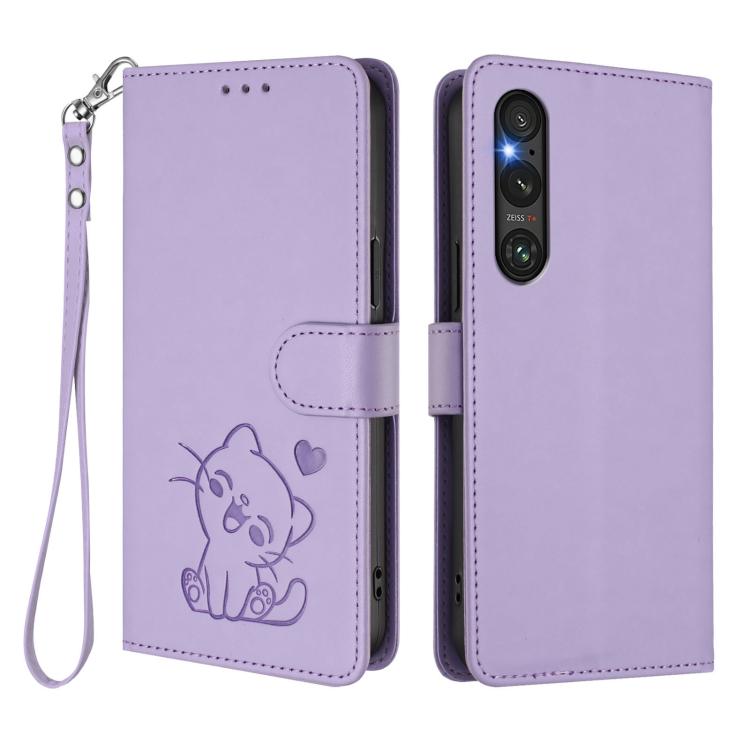 For Sony Xperia 1 V Embossed Heart Cat Leather Phone Case with Hand Strap
