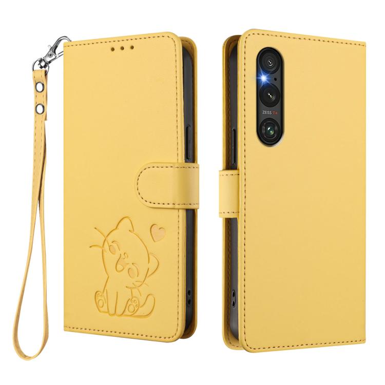 For Sony Xperia 1 V Embossed Heart Cat Leather Phone Case with Hand Strap