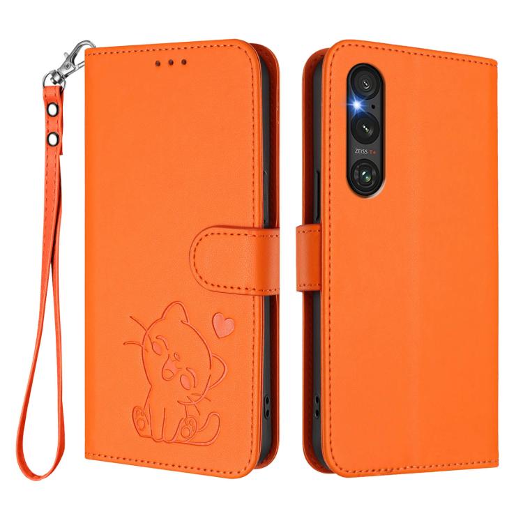 For Sony Xperia 1 V Embossed Heart Cat Leather Phone Case with Hand Strap
