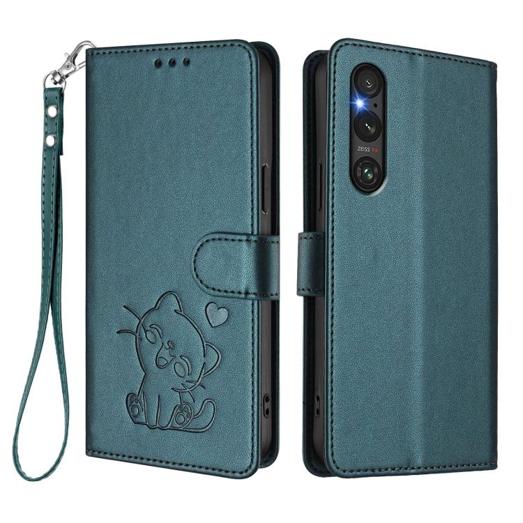 For Sony Xperia 1 V Embossed Heart Cat Leather Phone Case with Hand Strap