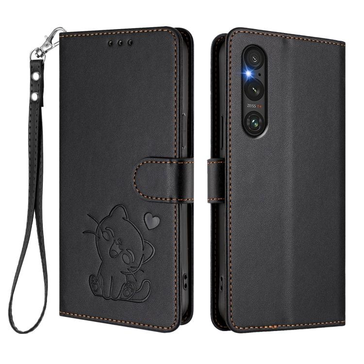 For Sony Xperia 1 V Embossed Heart Cat Leather Phone Case with Hand Strap