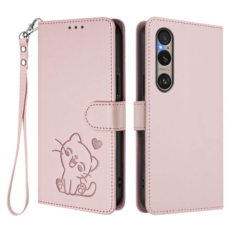 For Sony Xperia 1 VI Embossed Heart Cat Leather Phone Case with Hand Strap