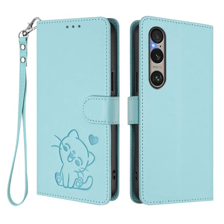 For Sony Xperia 1 VI Embossed Heart Cat Leather Phone Case with Hand Strap