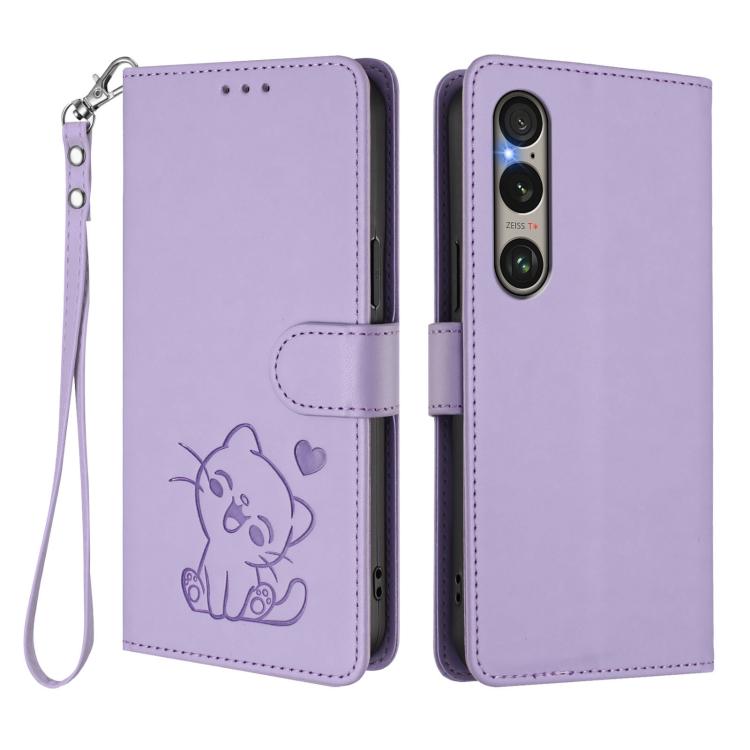 For Sony Xperia 1 VI Embossed Heart Cat Leather Phone Case with Hand Strap