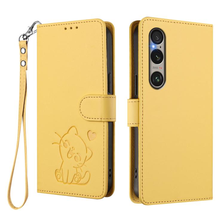 For Sony Xperia 1 VI Embossed Heart Cat Leather Phone Case with Hand Strap