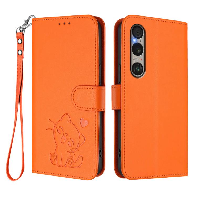 For Sony Xperia 1 VI Embossed Heart Cat Leather Phone Case with Hand Strap