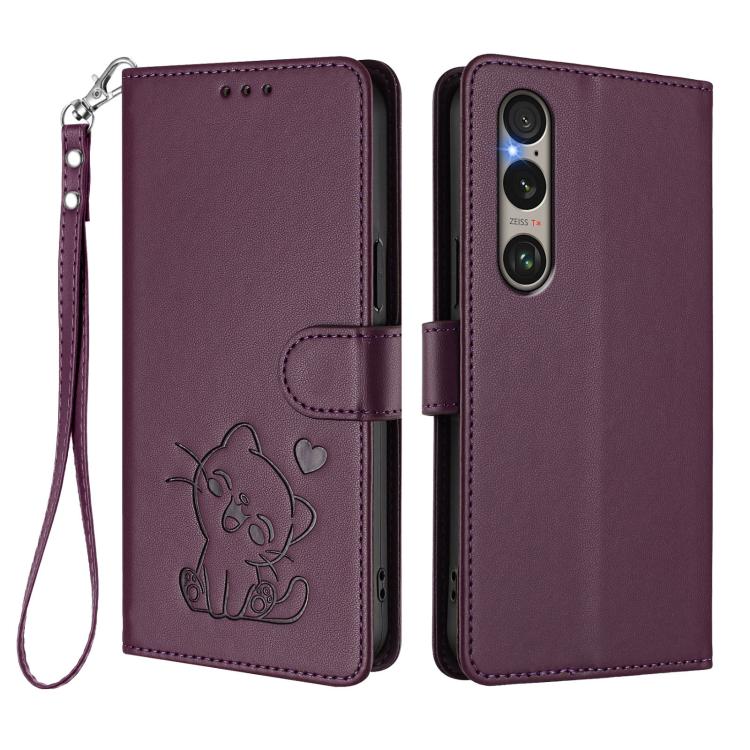 For Sony Xperia 1 VI Embossed Heart Cat Leather Phone Case with Hand Strap