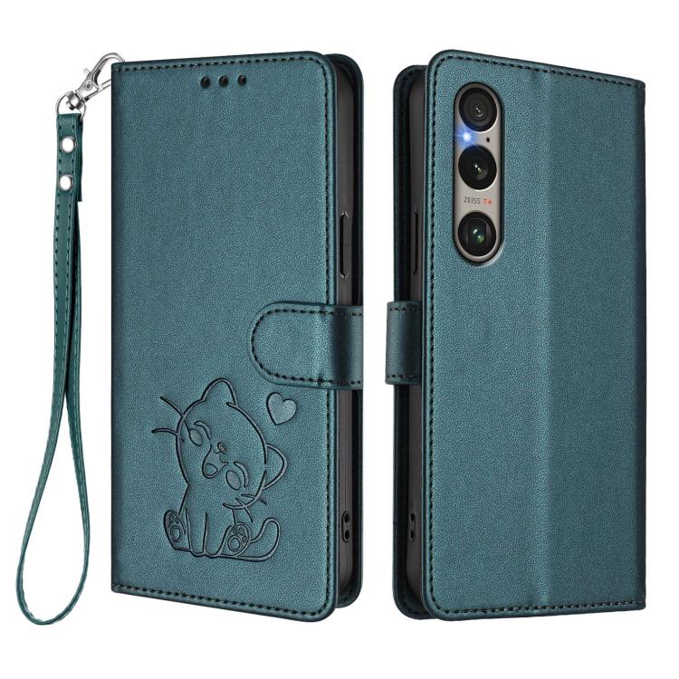 For Sony Xperia 1 VI Embossed Heart Cat Leather Phone Case with Hand Strap