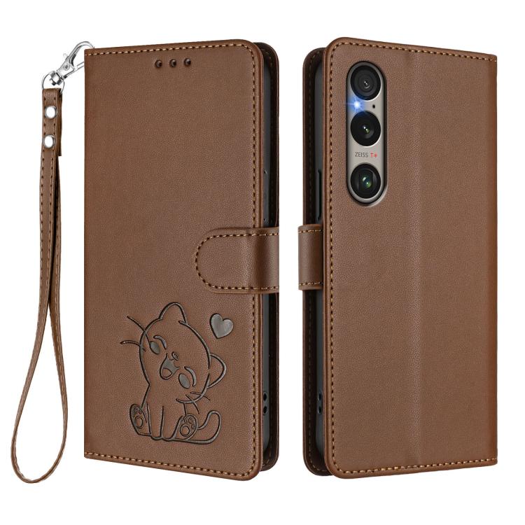 For Sony Xperia 1 VI Embossed Heart Cat Leather Phone Case with Hand Strap