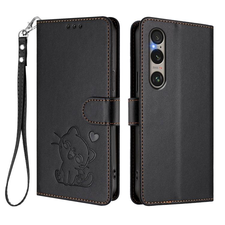 For Sony Xperia 1 VI Embossed Heart Cat Leather Phone Case with Hand Strap