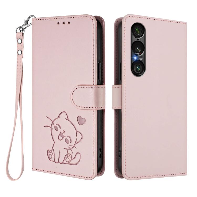 For Sony Xperia 1 VII Embossed Heart Cat Leather Phone Case with Hand Strap