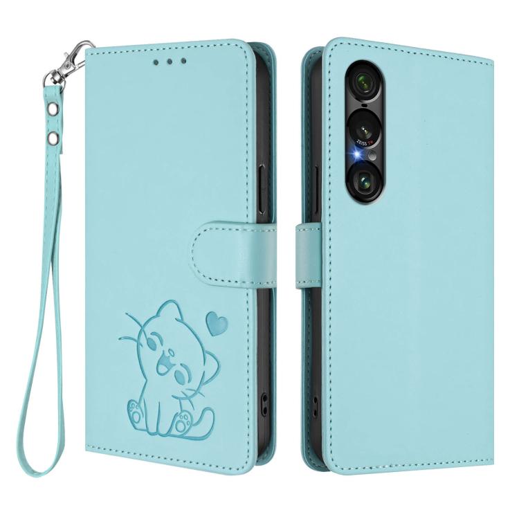 For Sony Xperia 1 VII Embossed Heart Cat Leather Phone Case with Hand Strap