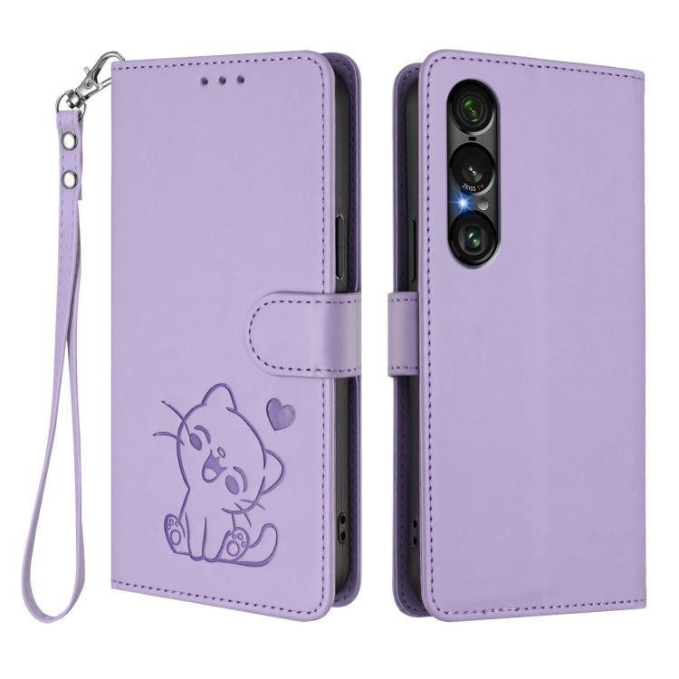 For Sony Xperia 1 VII Embossed Heart Cat Leather Phone Case with Hand Strap