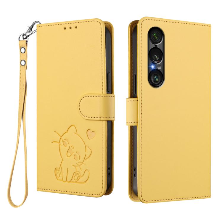 For Sony Xperia 1 VII Embossed Heart Cat Leather Phone Case with Hand Strap