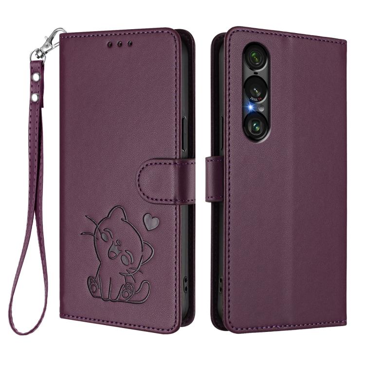 For Sony Xperia 1 VII Embossed Heart Cat Leather Phone Case with Hand Strap