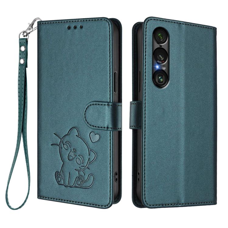 For Sony Xperia 1 VII Embossed Heart Cat Leather Phone Case with Hand Strap