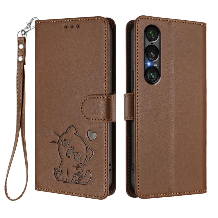 For Sony Xperia 1 VII Embossed Heart Cat Leather Phone Case with Hand Strap