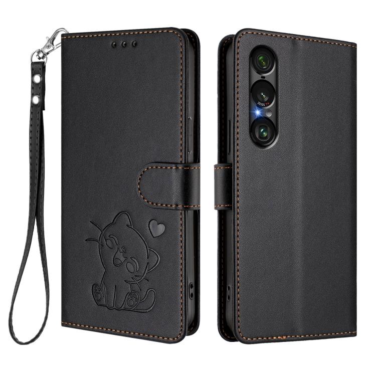 For Sony Xperia 1 VII Embossed Heart Cat Leather Phone Case with Hand Strap