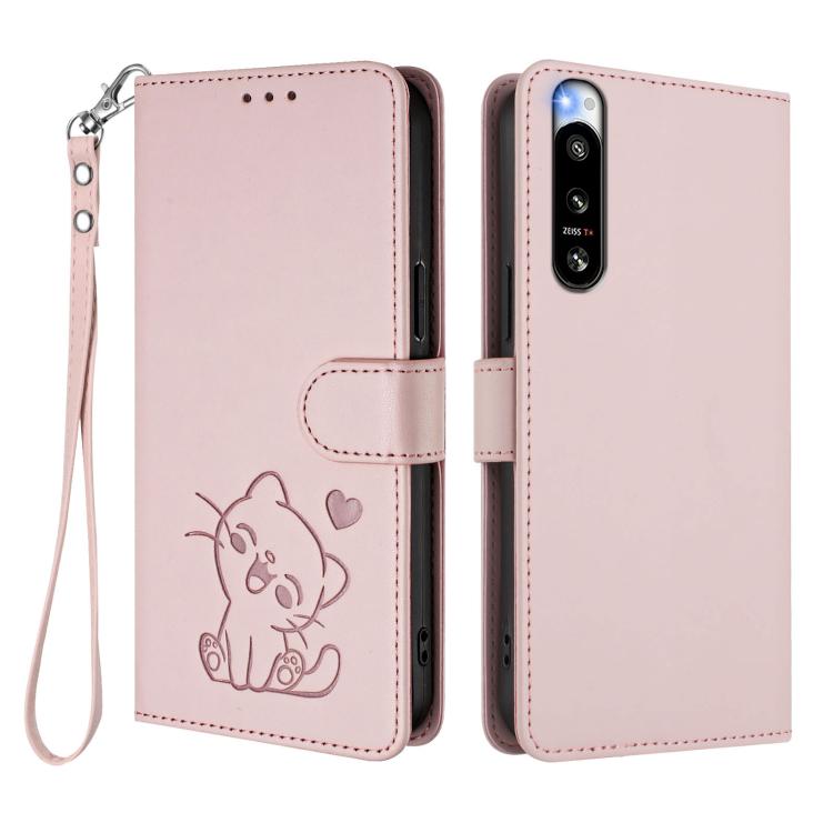 For Sony Xperia 5 IV Embossed Heart Cat Leather Phone Case with Hand Strap
