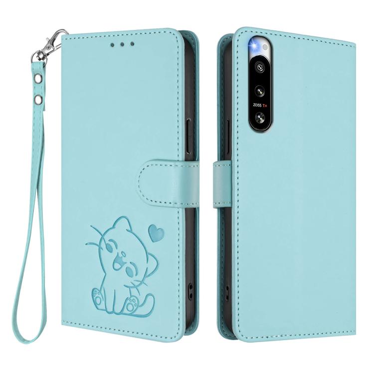 For Sony Xperia 5 IV Embossed Heart Cat Leather Phone Case with Hand Strap