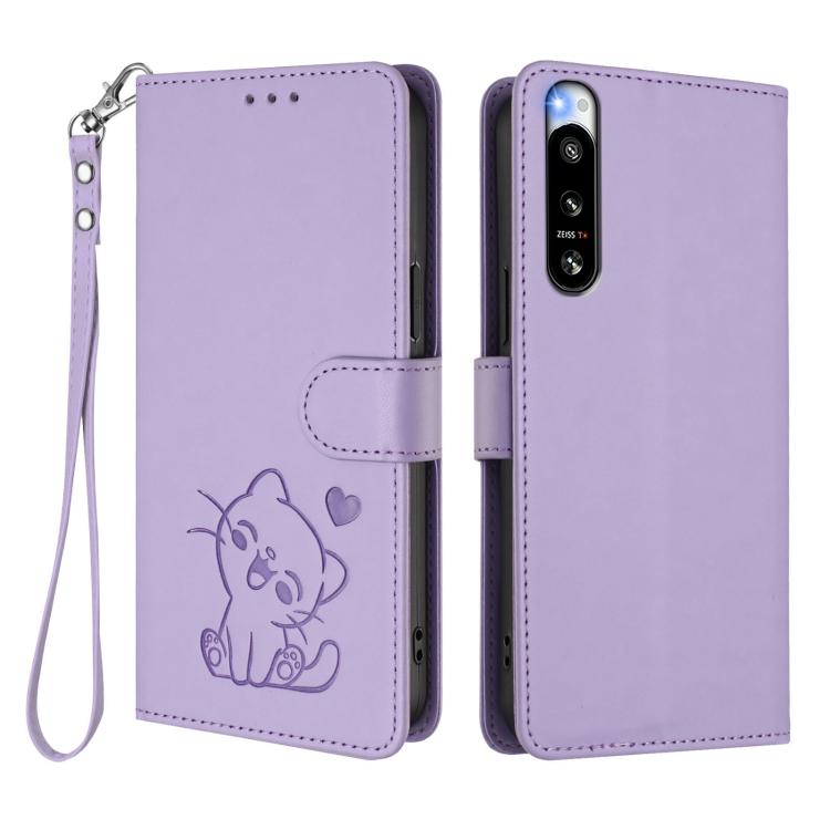 For Sony Xperia 5 IV Embossed Heart Cat Leather Phone Case with Hand Strap