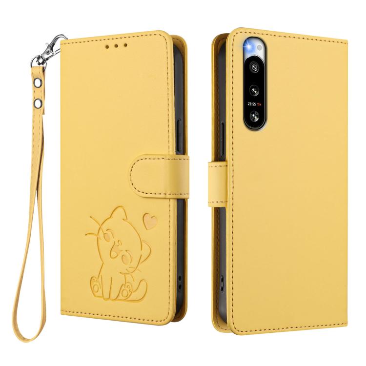 For Sony Xperia 5 IV Embossed Heart Cat Leather Phone Case with Hand Strap