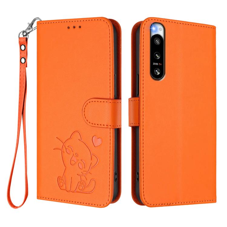 For Sony Xperia 5 IV Embossed Heart Cat Leather Phone Case with Hand Strap