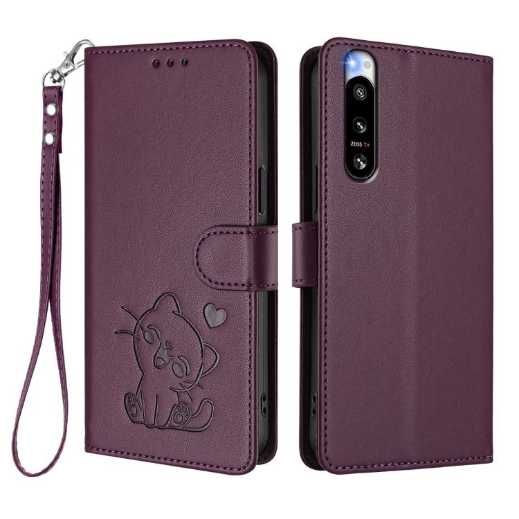For Sony Xperia 5 IV Embossed Heart Cat Leather Phone Case with Hand Strap