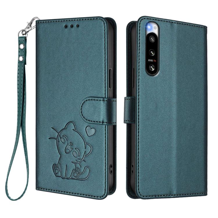 For Sony Xperia 5 IV Embossed Heart Cat Leather Phone Case with Hand Strap